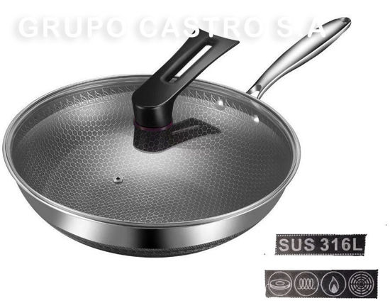 Foto de SARTEN ACERO INOX (316 ) 32X8.8CMS C/TAPA VIDRIO NB12898 (8)