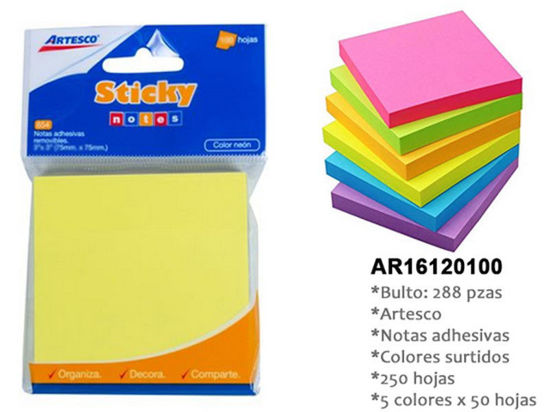 Foto de NOTA ADHESIVAS AR16120100 2"X2" PEGA PEGA (250)HOJAS 5 COLORES X(288) ARTESCO