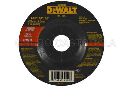 Foto de DISCO METAL ESMERILAR 41/2"x1/4"x7/8" DEWALT DW44540/A24R-BF/RPM13.300