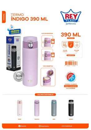 Foto de Termo Indigo Acero Inox 390ml THO011700 Tapa seg 20.4x6.5cms Reyplast