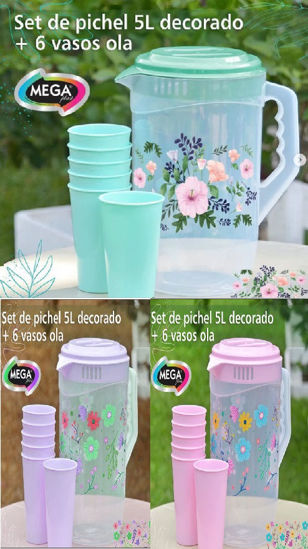 Foto de Pichel plastico Dec 5 ltrs 6 vasos rosado/morado/verde agua megaplast AA12039V (12)