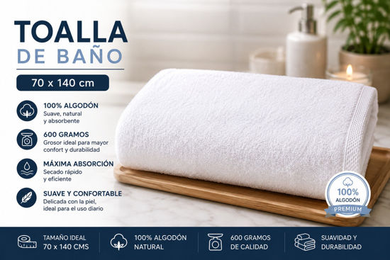 Foto de Toalla Baño Blanco (100% ALGODON) NAB3223  70X140cms 600 grs (80)