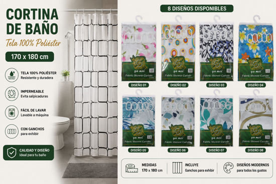 Foto de Cortina Baño Tela 100% Poliester Repelente Agua YA02 YUMEI 170x180 cms NAA326 (100)