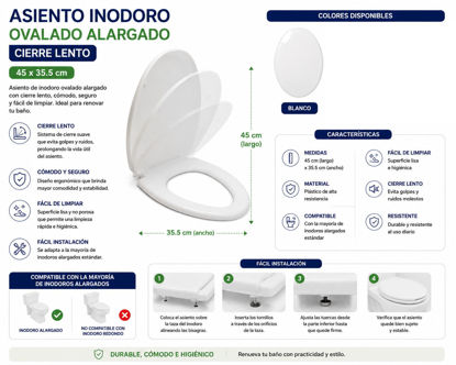 Foto de Asiento Inodoro Ovalado Alargado Cierre lento Blanco O8F28912 45x35.5 cms (10)