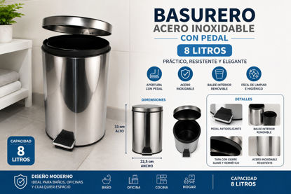 Foto de Basurero Acero 8 ltrs Pedal M8A2601 22.5anx33alt cms (12)