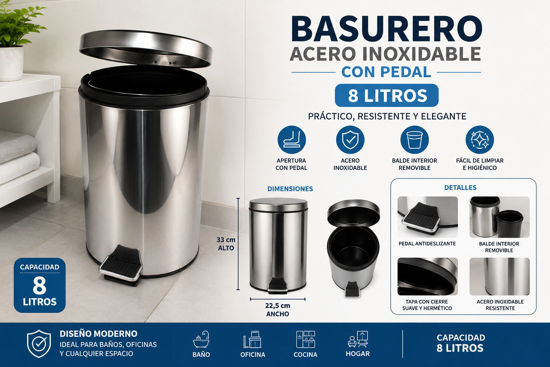 Foto de Basurero Acero 8 ltrs Pedal M8A2601 22.5anx33alt cms (12)