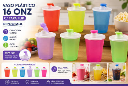 Foto de Vaso plastico 16 onz c/tapa Flip 9cms diam x12.5 alt cms diprossa( 48 )
