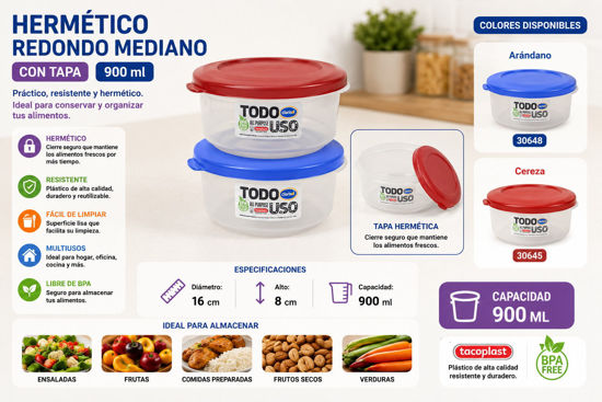 Foto de Hermetico redondo mediano 900 ml c/t 16X16X8 CM tacoplast plastico